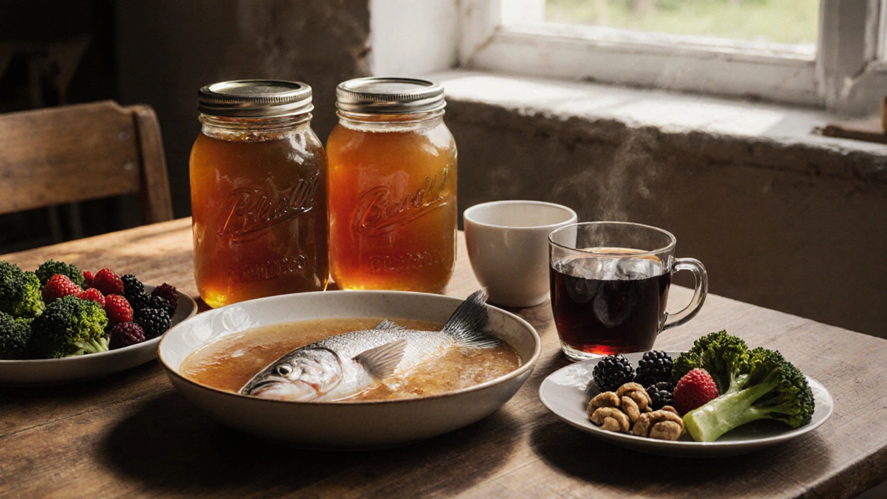 Týdenní plán výživy pro klouby: želé z vývaru, rybí polévka, bobule a oříšky.