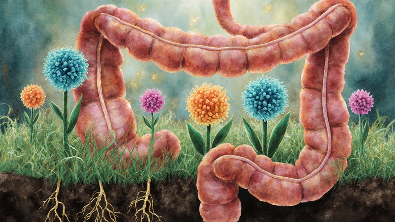 Umělecká ilustrace zdravého střeva jako květinové zahrady s bakteriemi jako květy.