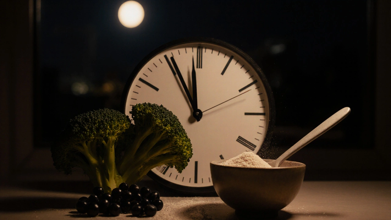 Večerní jídlo s brokolici a černým rybízem spolu s práškem kolagenu na lžíci.