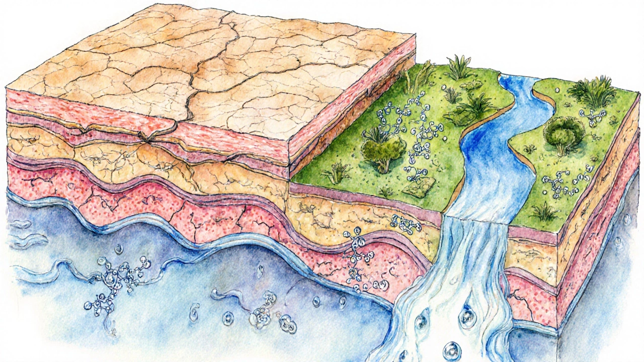 Vícevrstvý náhled kůže s hydratačními proudy kyseliny hyaluronové jako modré řeky.