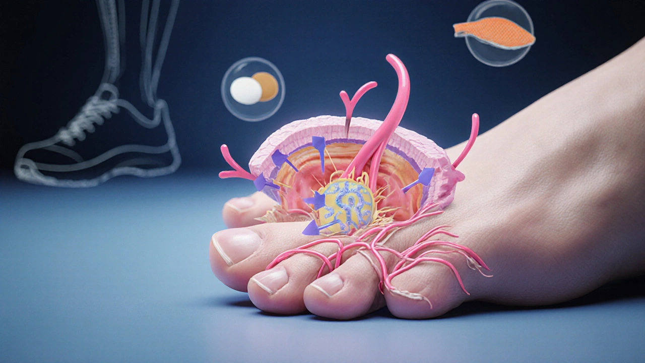 Vnitřní stavba matice nehtu s buňkami, které vytvářejí keratin, a krevními cévami dodávajícími živiny.