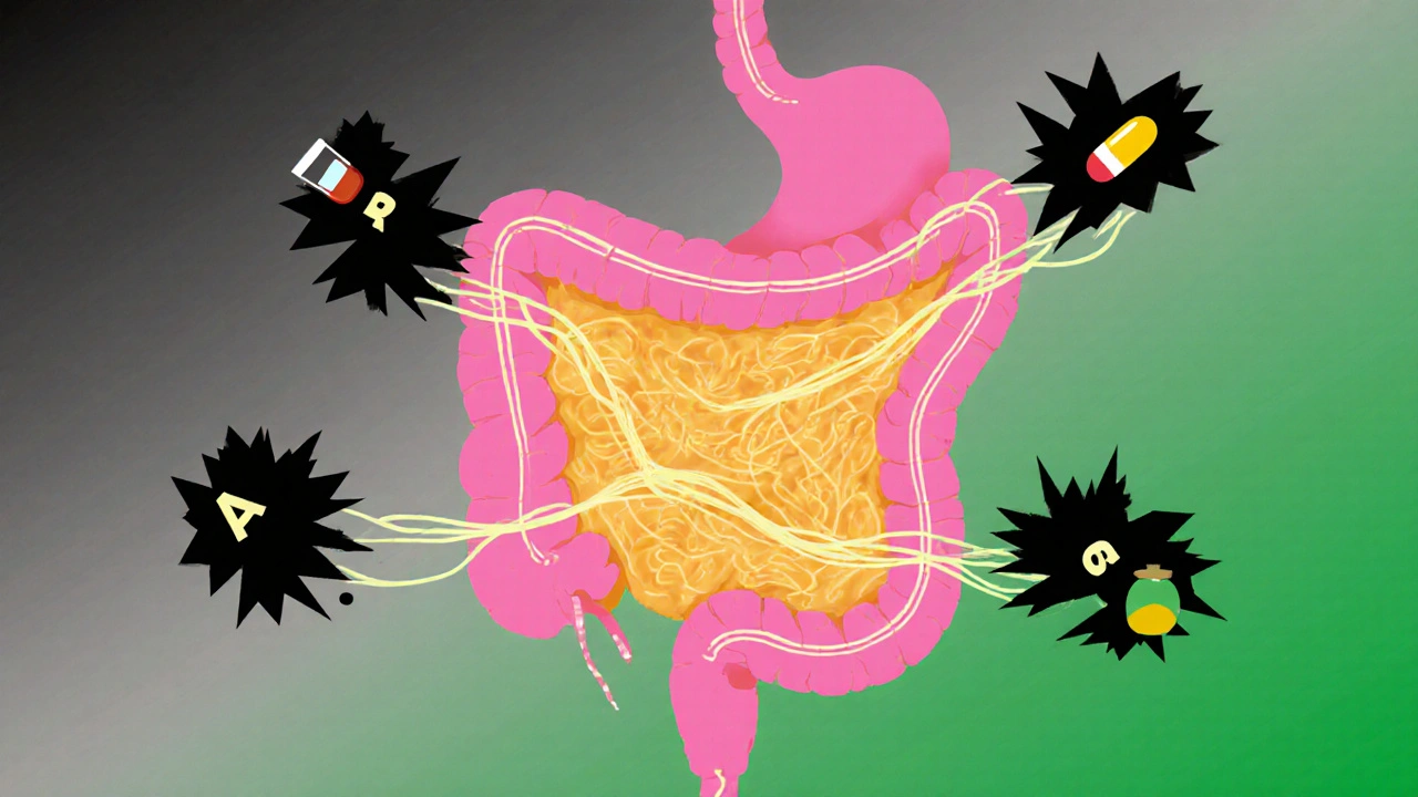 Zdravé střevní bakterie přijímají vitamíny, zatímco škodlivé látky jsou odstraněny.