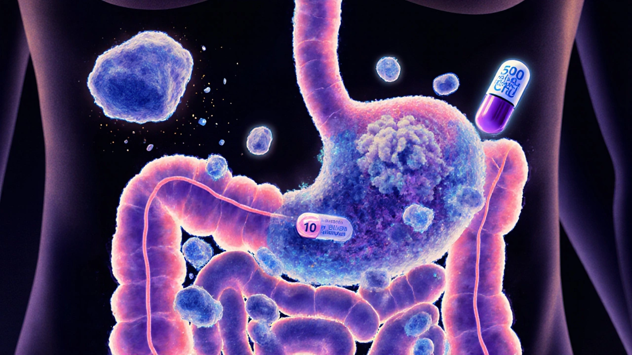 Zdravé střevo s bakteriemi a velkými neúčinnými tabletami