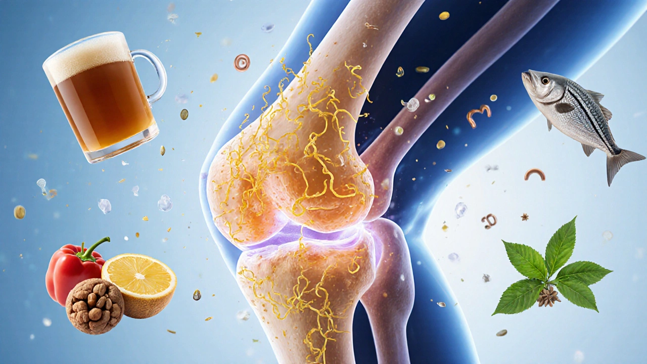 Zdravý kloub s kolagenem vytvářeným z přírodních látek jako vitamín C a měď.