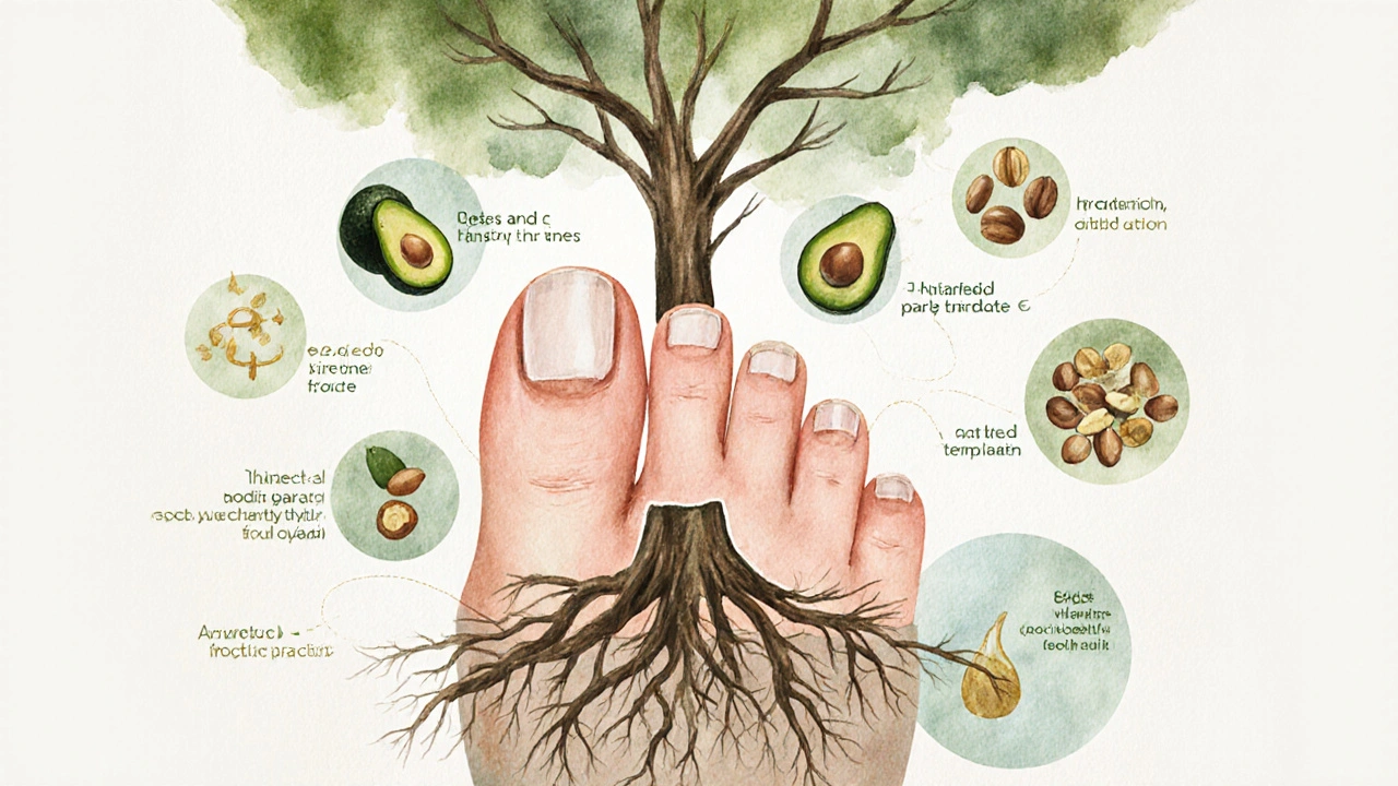 Zdravý neht jako strom s kořeny z výživy a symboly péče.