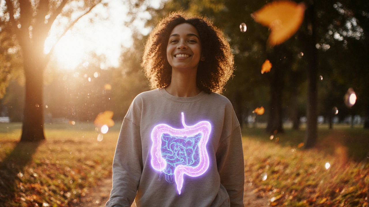 Žena prochází parkem ve večerním světle s vize zdravé střevní mikroflóry pod kůží.