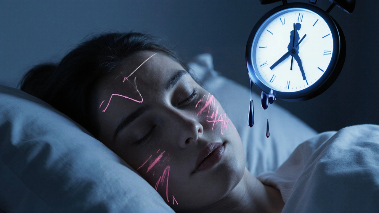 Žena spí na boku, tlak polštáře vytváří vrásky na tváři, nad ní se objevuje stín kortizolu.