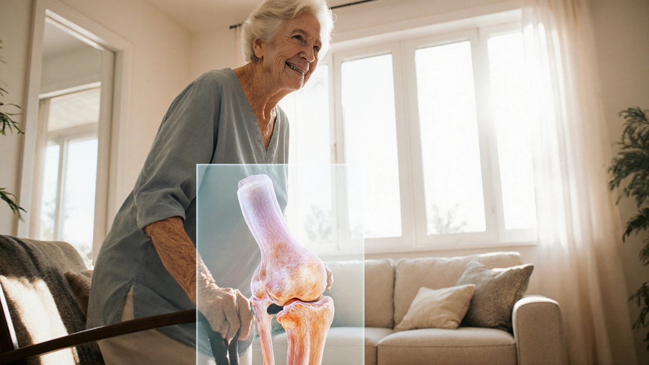 Žena v 60 letech se klidně zvedá z křesla, viditelný přechod poškozené a obnovené chrupavky.