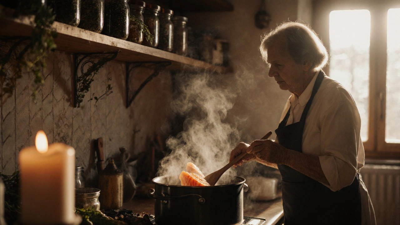 Žena vaří rybí vývar v české kuchyni s rybími hlavami a kořením.