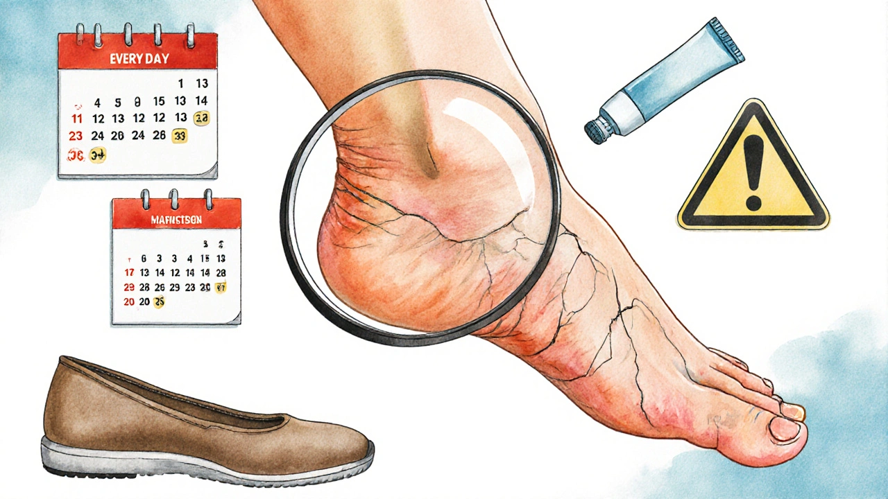 Zvětšený pohled na zdravou a poškozenou kůži nohy s symboly péče.