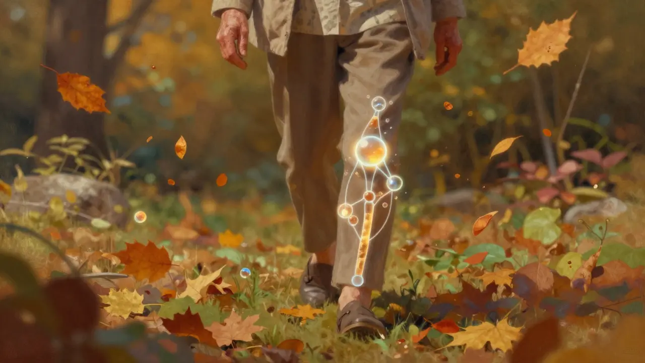 65letá žena kráčí zahradou, její klouby září jako znak obnovy.