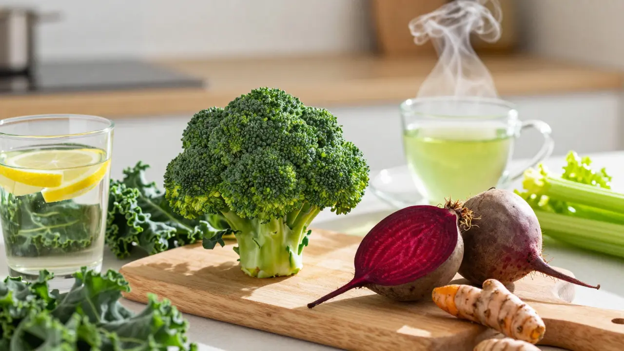 Čerstvé zeleniny a kurkuma na dřevěné desce vedle sklenice vody s citronem a šálkem zeleného čaje.