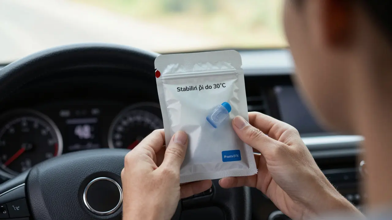 Cestovatel drží izolovaný pytlík s probiotiky v horkém automobilu s teploměrem ukazujícím 48°C.