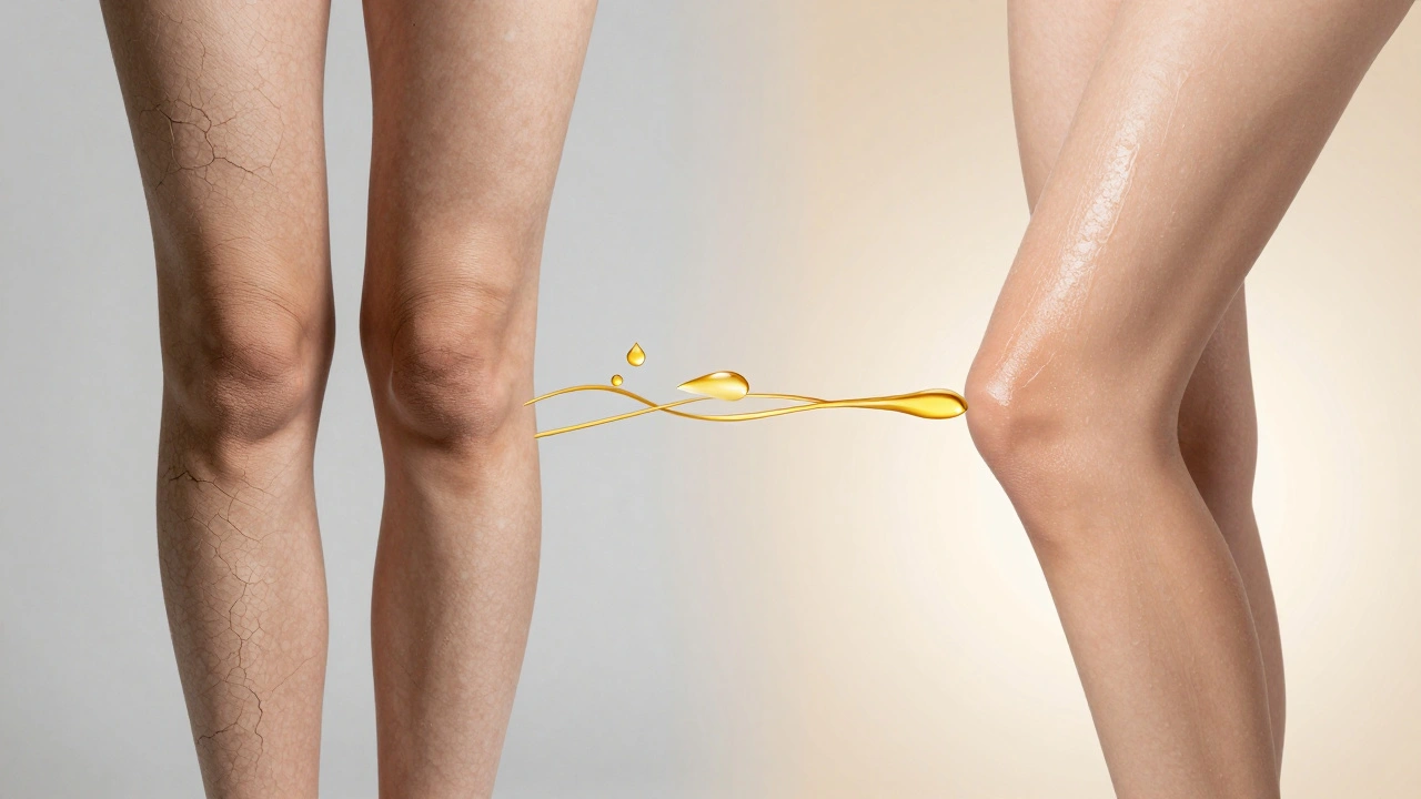 Dvě části kůže: jedna suchá a šupinatá, druhá hladká a zářivá, spojené kapkami oleje.