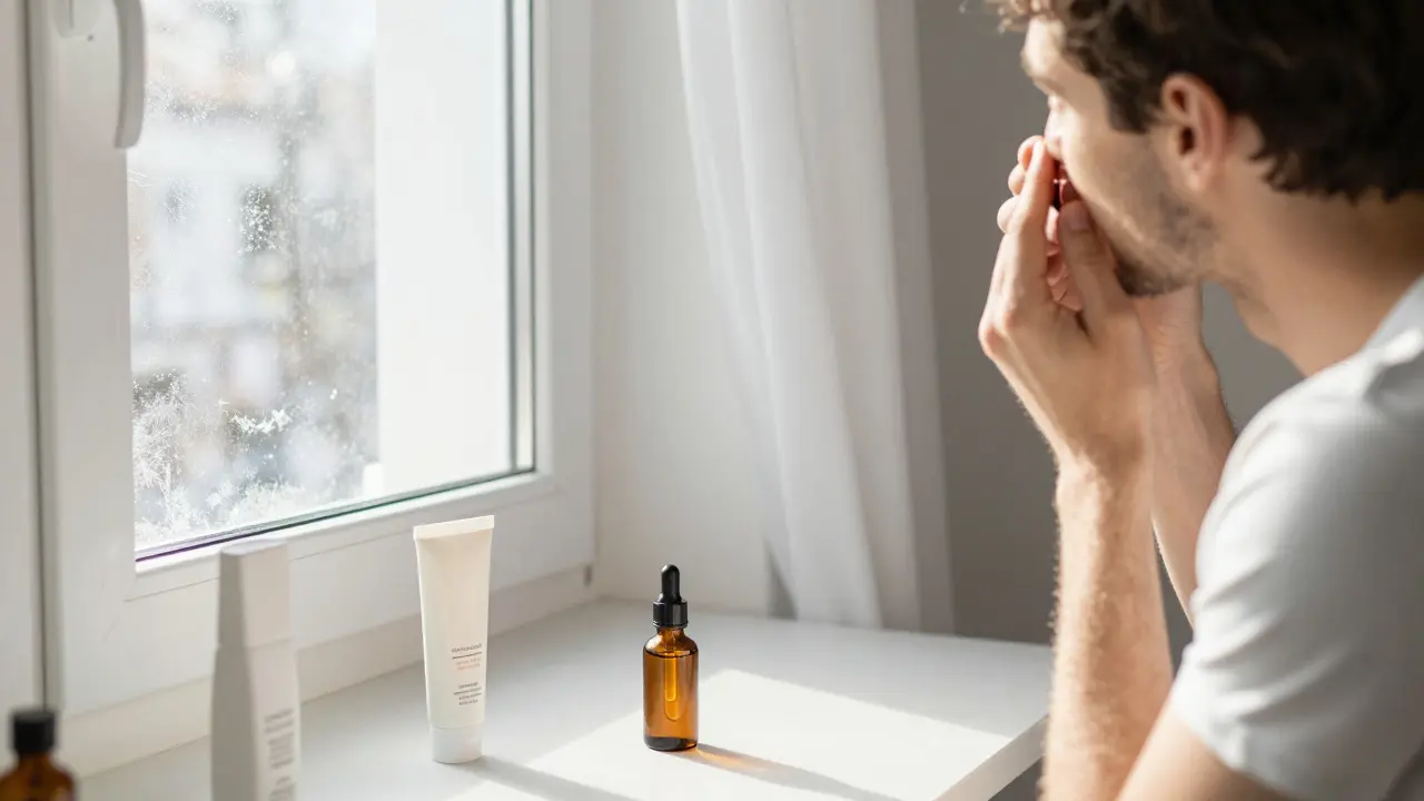 Dvojice aplikuje niacinamidové sérum ráno v českém bytě s mrázem na okně.