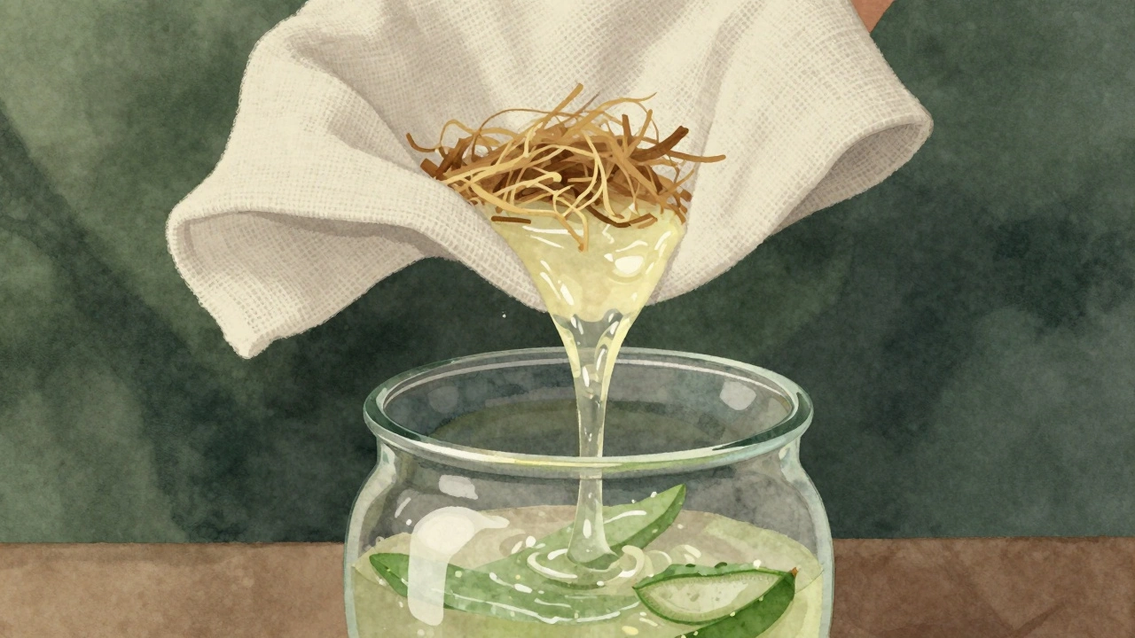 Filtrace gelu aloe vera přes látku do skleněné lahvičky.