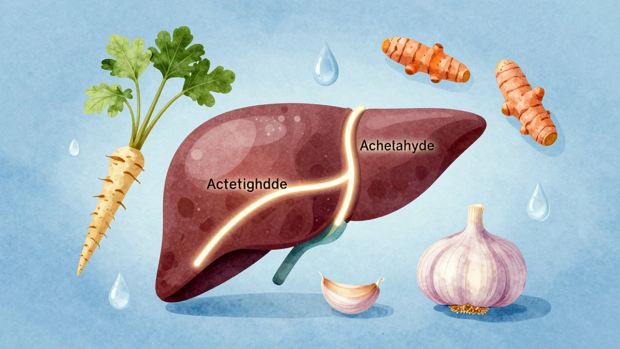 Játra s přirozenými detoxikačními prvky: křen, kurkuma a česnek v klidném prostředí.