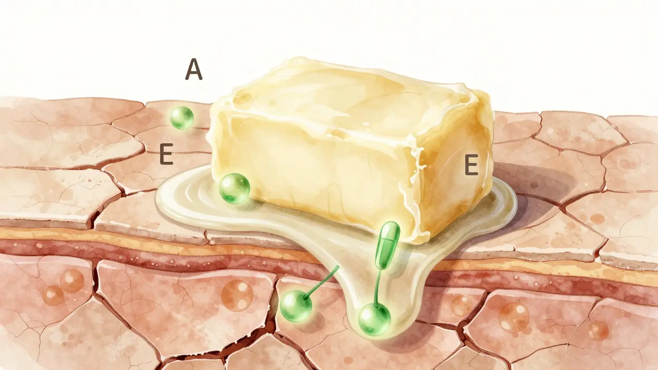 Křehká kůže se vstřebává shea máslem s vitamíny A, E a F.