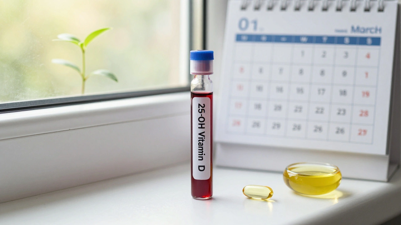 Krevní výběr s hladinou vitamínu D a doplněk D3 s olivovým olejem na okně.