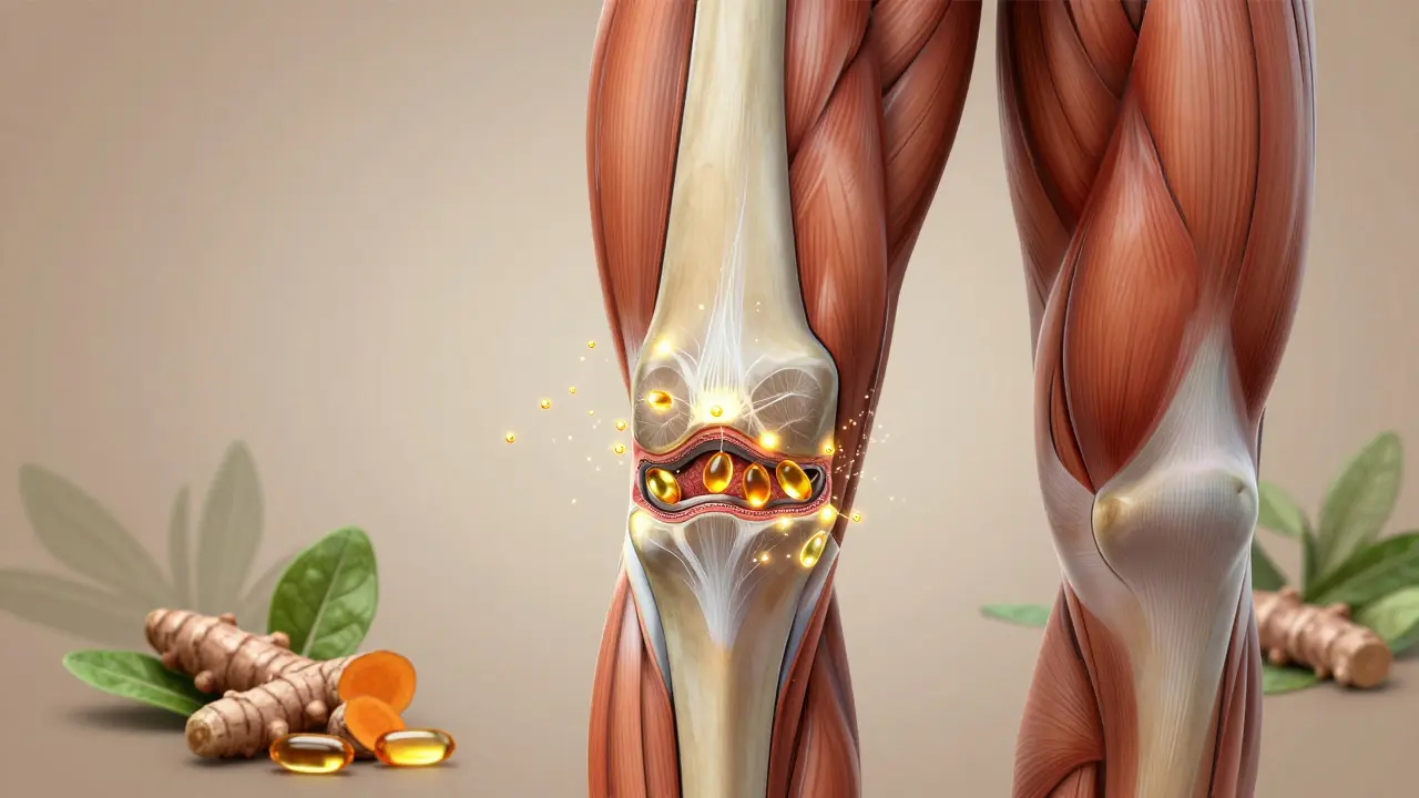 Křížový řez kloubu s viditelným obnovováním chrupavky pomocí kolagenu a omega-3 mastných kyselin.
