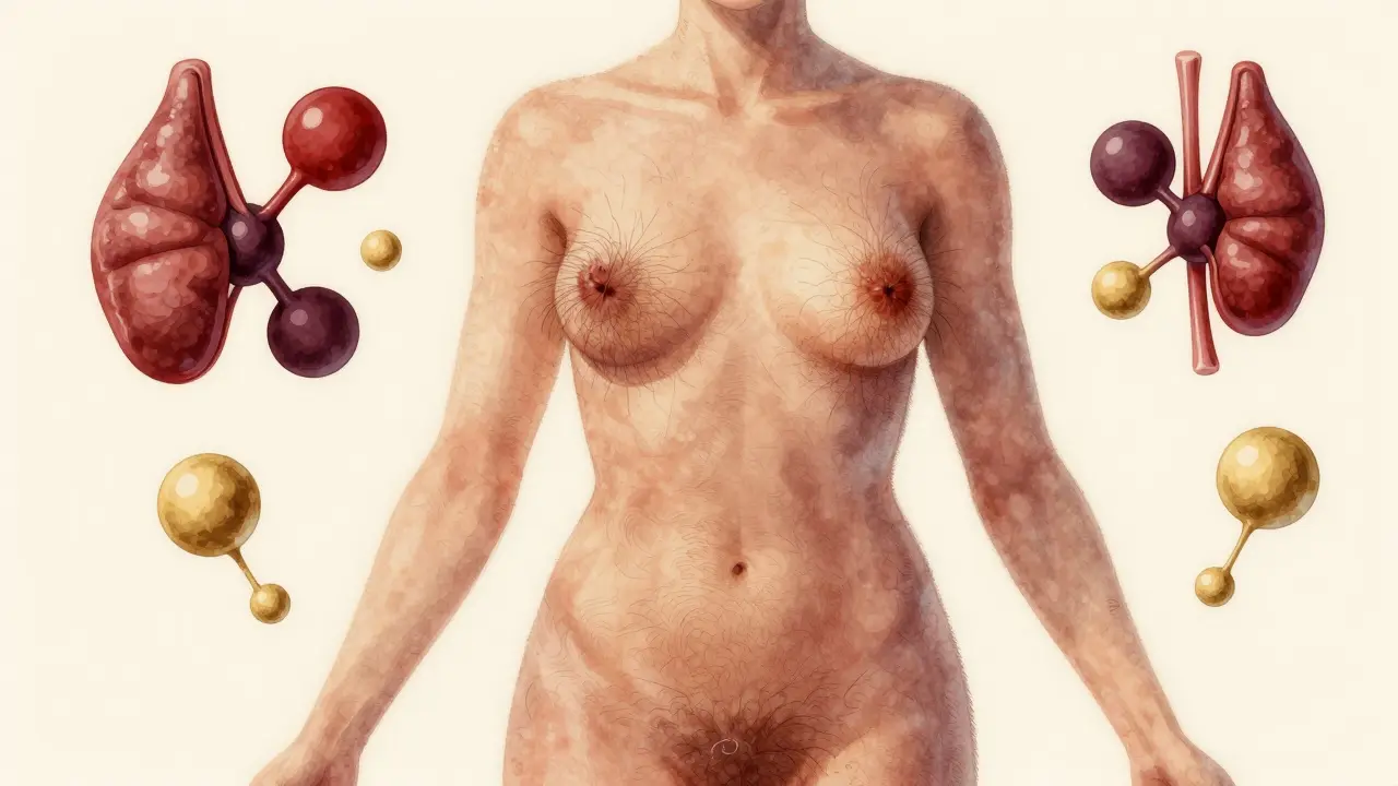 Květovitý vývoj chlupů na hrudi a břiše v kontrastu s jemnými chlupky na končetinách, symboly hormonů ve vzduchu.