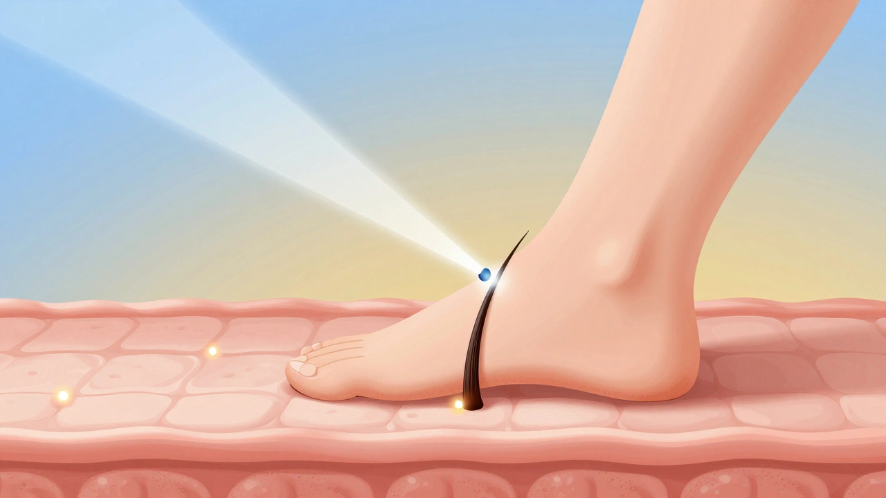 Laserový paprsek ničí chloupky u kořene pod kůží, abstraktní vědecký styl.