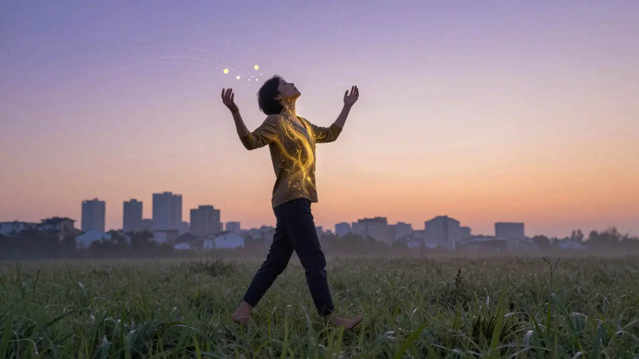 Osoba chodí bosá po rosou pokryté trávě v ranním světle, z jejího těla vystupují zlaté částice jako symbol detoxikace.