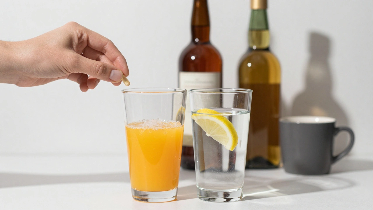 Osoba pije vodu s citronem, zatímco alkohol a káva jsou ve stínu, symbolizující zdravou volbu.