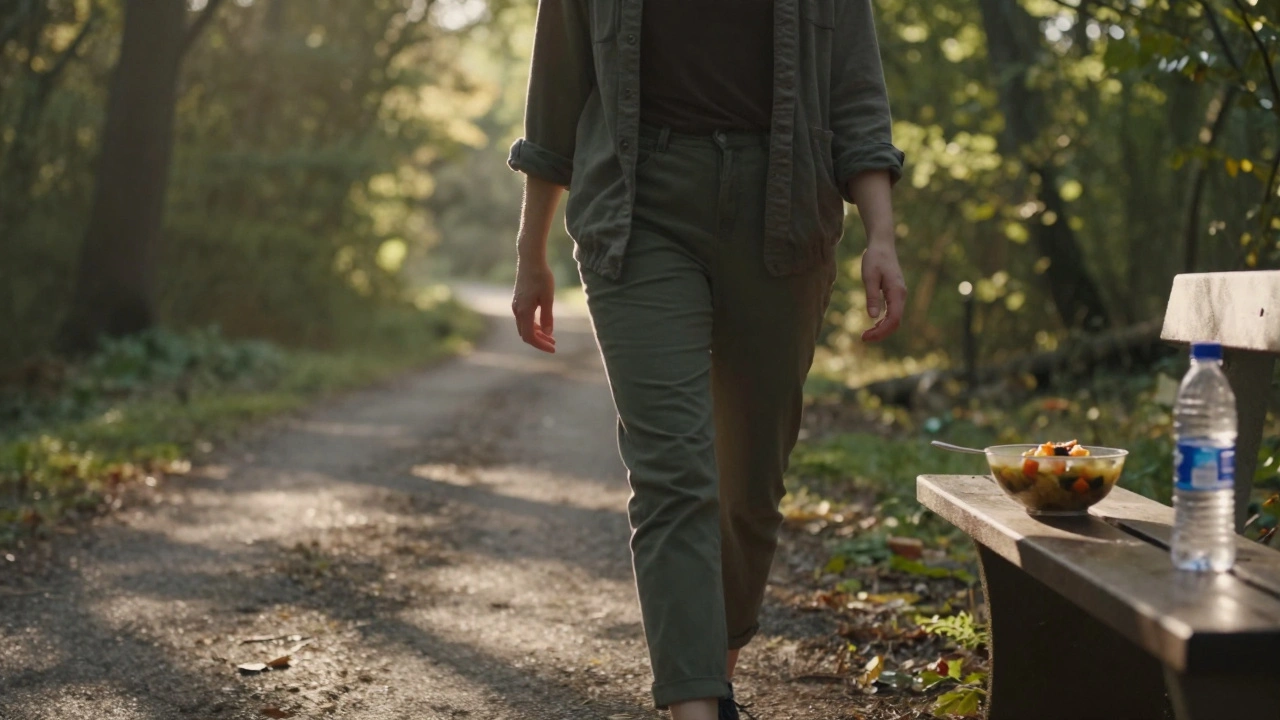 Osoba prochází lesem na světlo rána, symbolizující obnovu a klid.