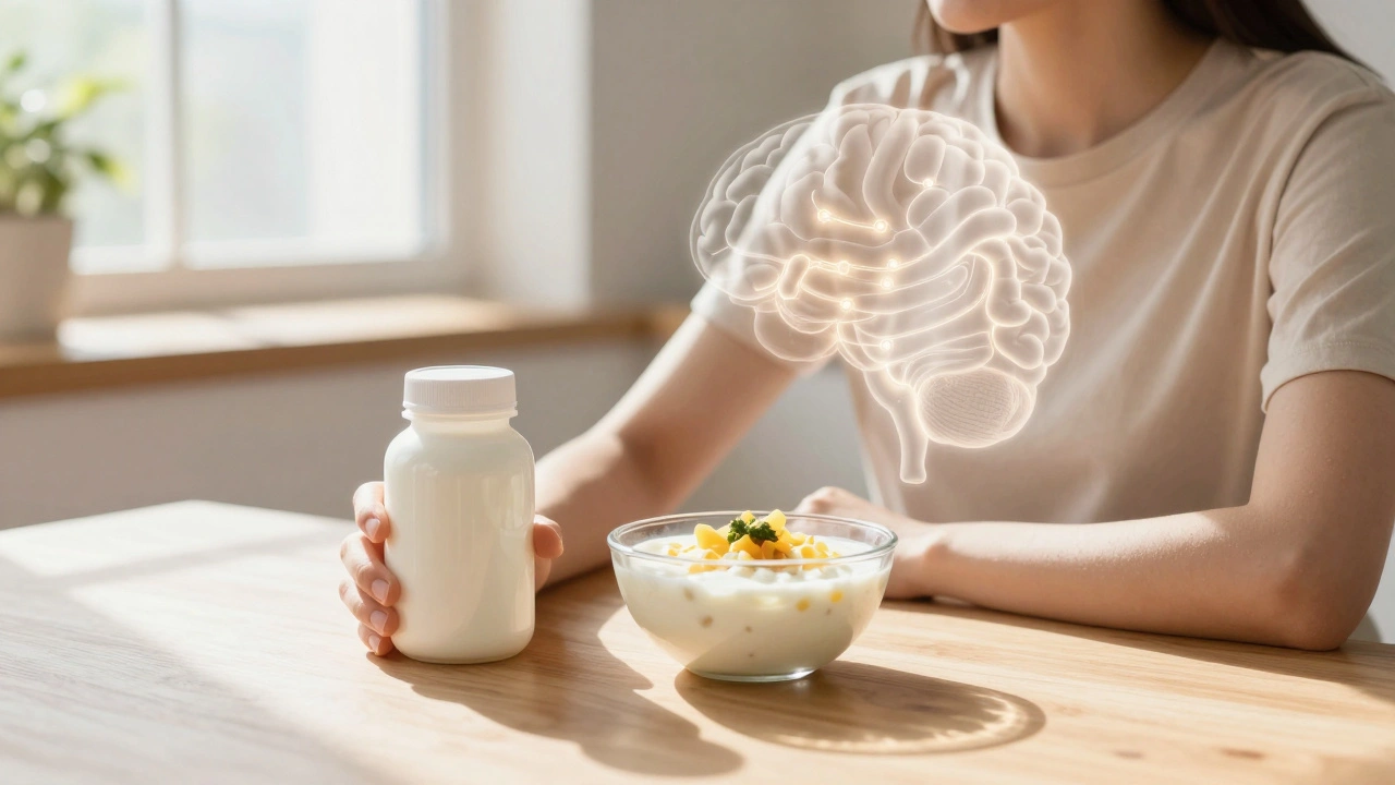 Osoba u kuchyňského stolu s probiotikem a kvasenými potravinami