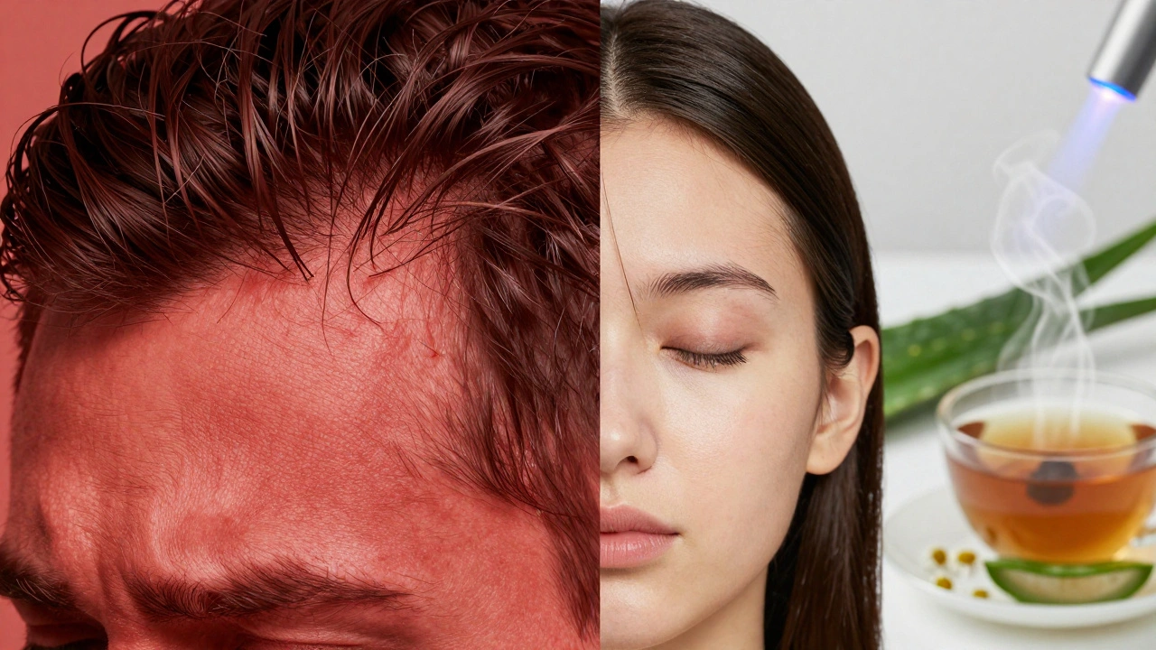 Porovnání podrážděné a klidné kůže po depilaci s přírodními uklidňujícími prvky.