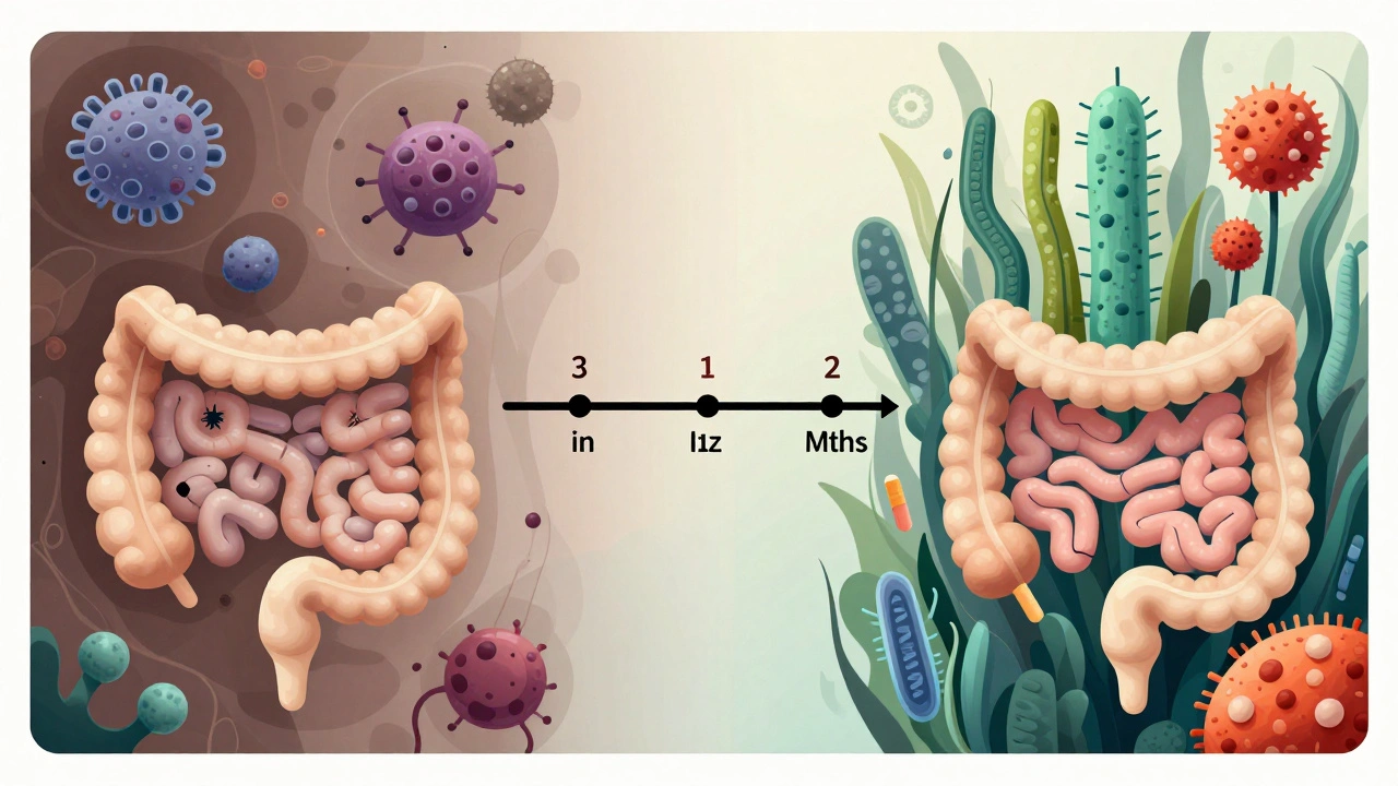 Porovnání poškozené a obnovené střevní mikroflóry během 3–12 měsíců