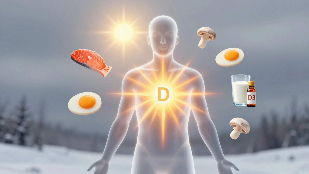 Průhledný lidský silueta s paprsky vitamínu D a potravinami bohatými na vitamín D.