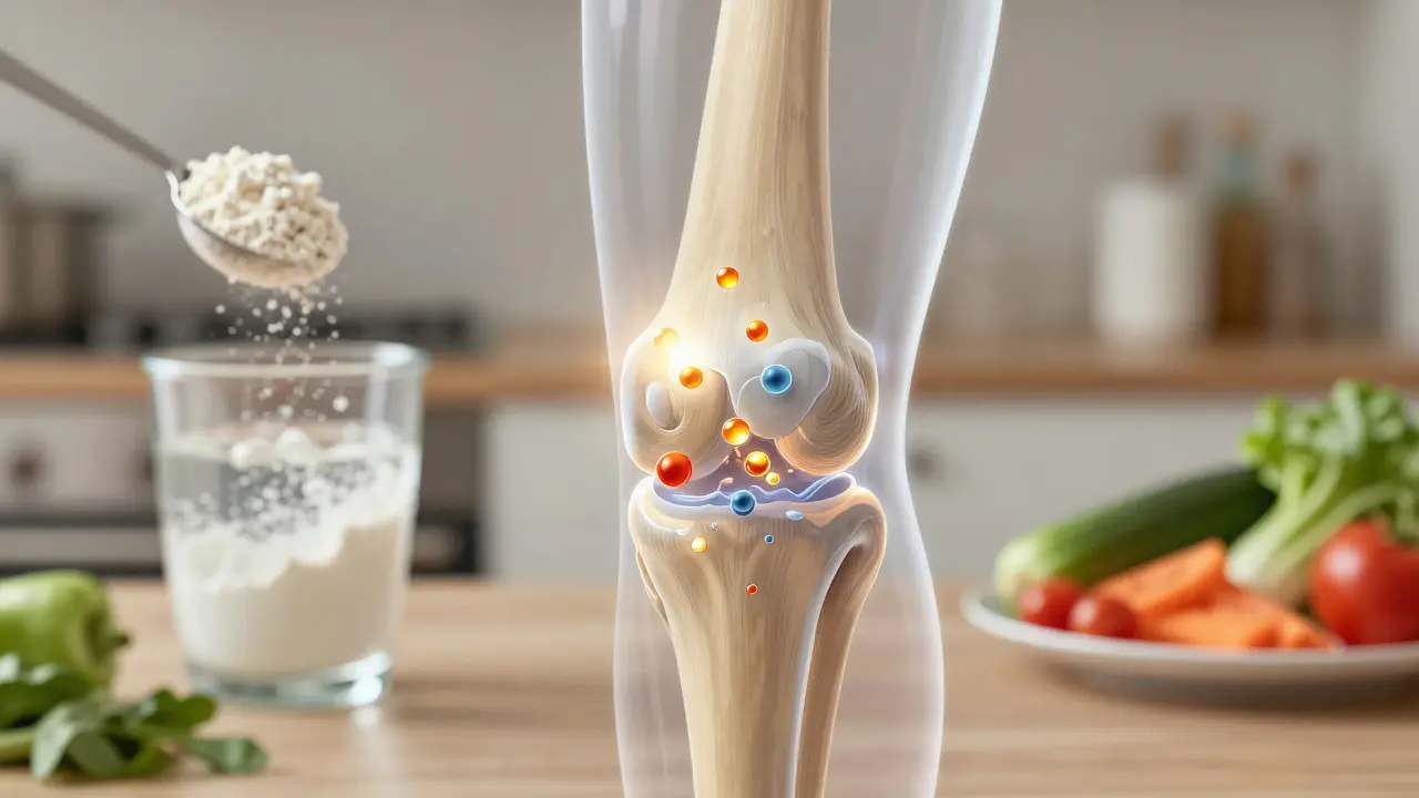 Průřez kloubu, kde kolagen a vitamín C opravují chrupavku, s výživovými prvky na pozadí.