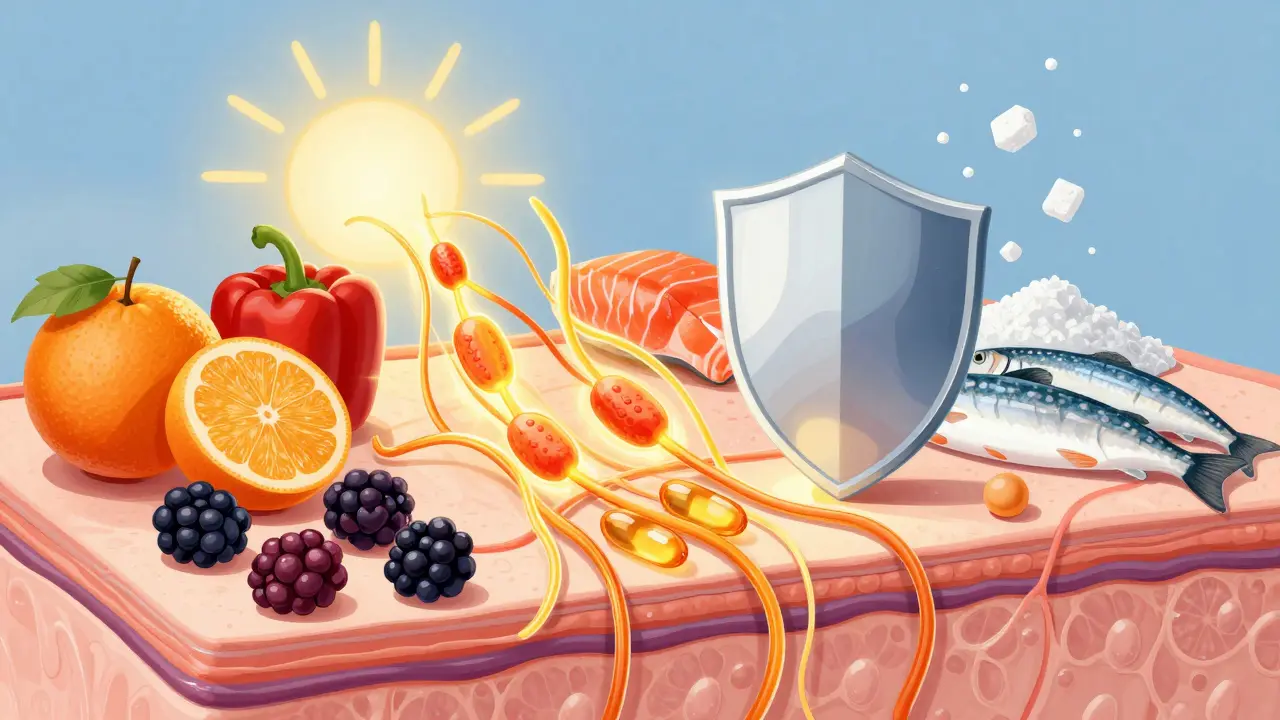Průřez kůže s kolagenovými vlákny a živinami, které je obnovují.