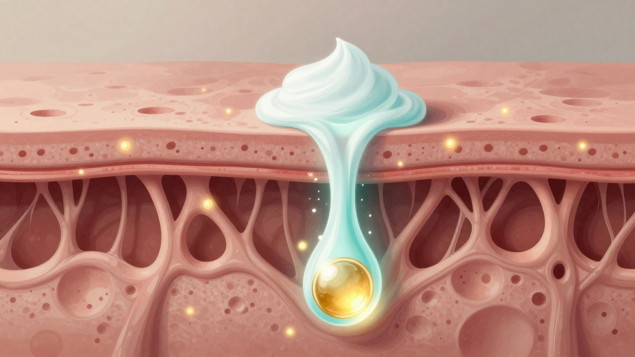 Řez kůží ukazuje, jak sérum proniká hlouběji než krém, s aktivními látkami jako světelné proudy.