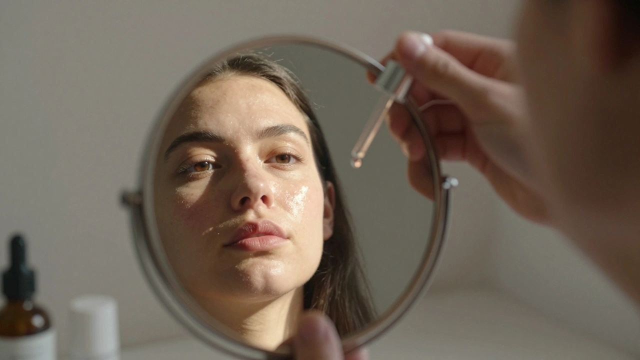 Ruka nanáší sérum na obličej, zrcadlo odhaluje jeho přeměnu z suché do zářivé pleti.