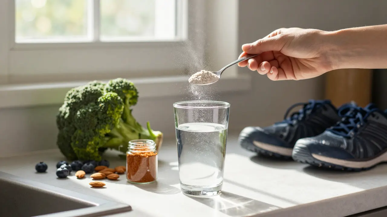 Ruka připravuje kolagen ve sklenici, na stole jsou čerstvé zeleniny, ořechy a kurkuma.