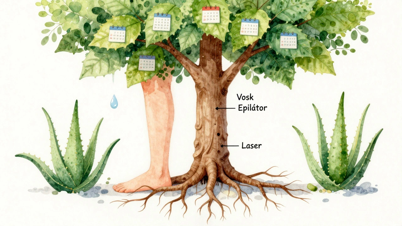 Strom s kořeny z různých metod depilace rostoucí z nohou, symbolizující osobní cestu.