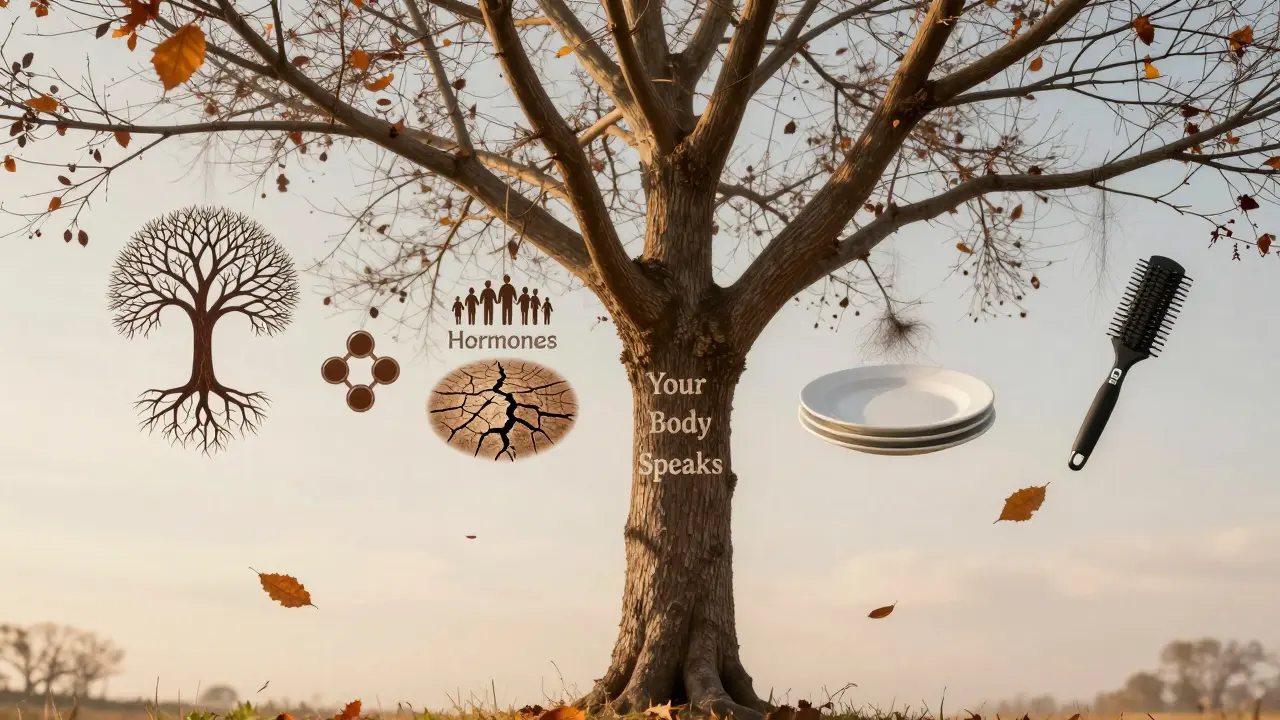 Strom s větvemi symbolizujícími příčiny vypadávání vlasů, listy se mění ve vlasy.