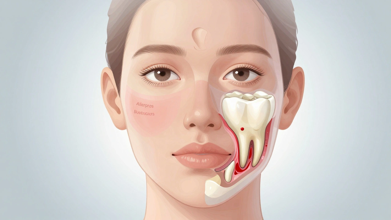 Transparentní ilustrace obličeje s ukázkou příčin otoků: alergie, zadržování tekutin a zánět zubu.