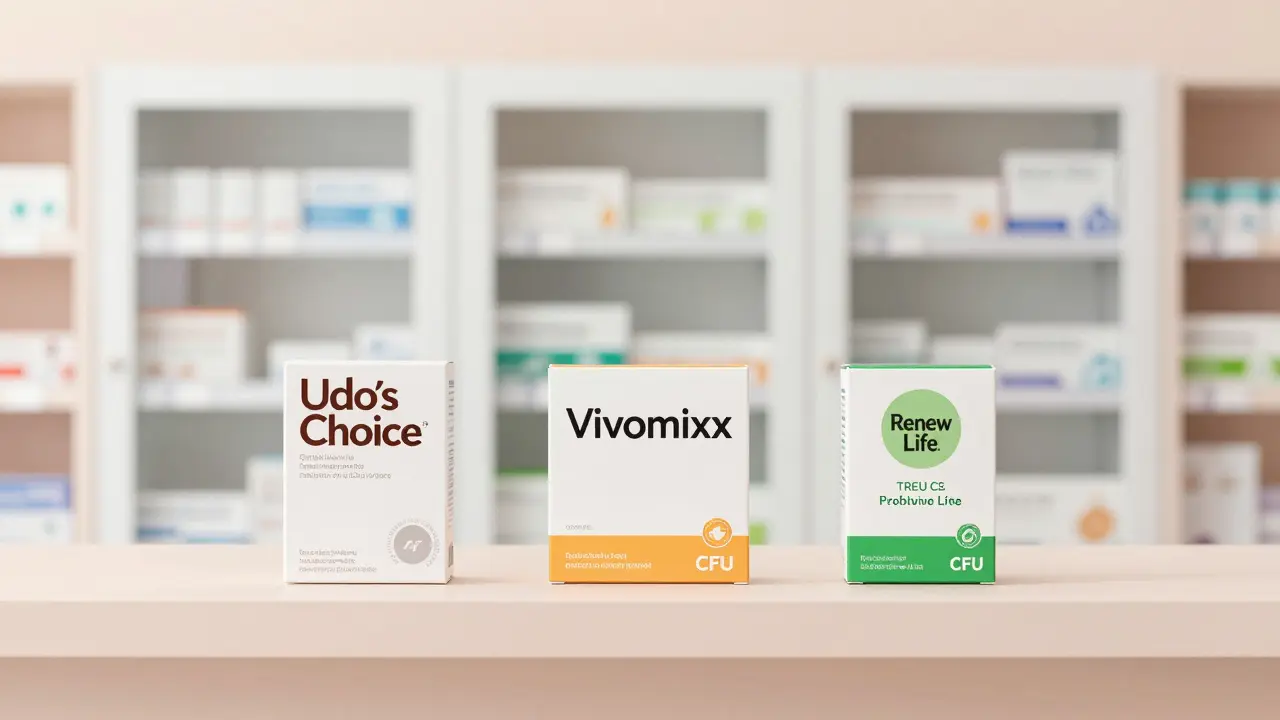 Tři důvěryhodné značky probiotik na chlazené polici v lékárně