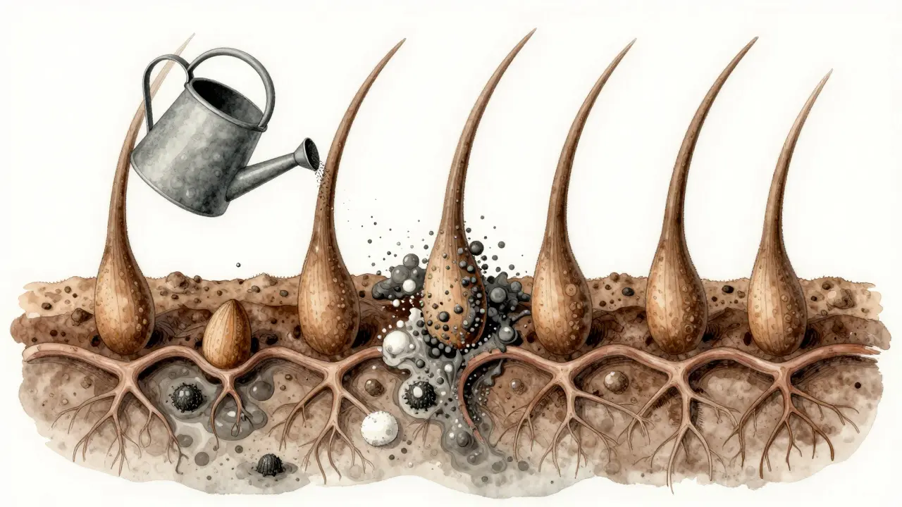 Umělecká představa vlasového folikulu jako zahrady s blokovanými znečištěními.