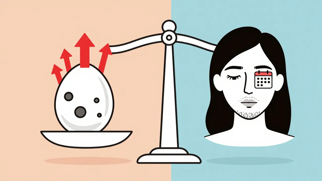 Váha s vaječníkem a cystami na jedné straně a tváří s chlupy na druhé, symbolické znázornění hormonální nerovnováhy.