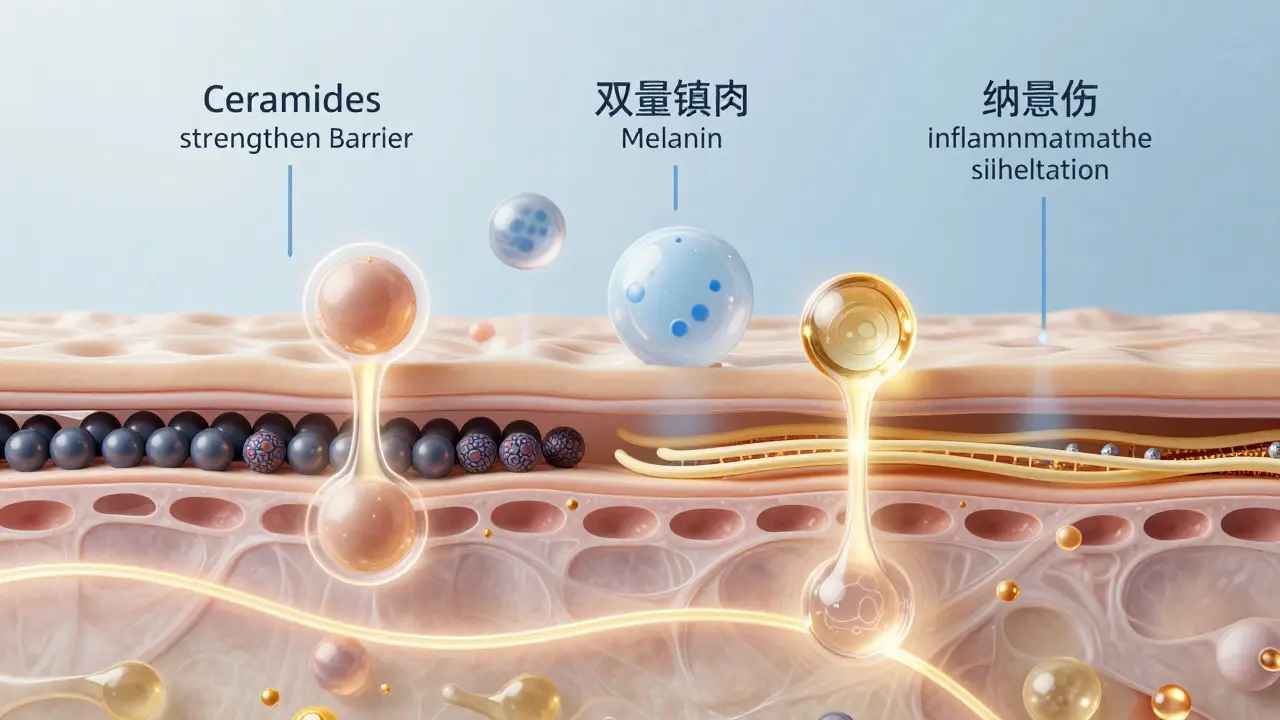 Vědecká ilustrace kůže, kde niacinamid řídí obnovu bariéry a snižuje záněty.