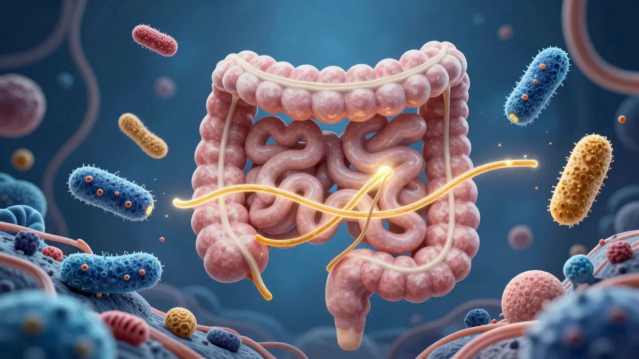 Vnitřní obraz střev s prospěšnými bakteriemi a prebiotickými vlákninami
