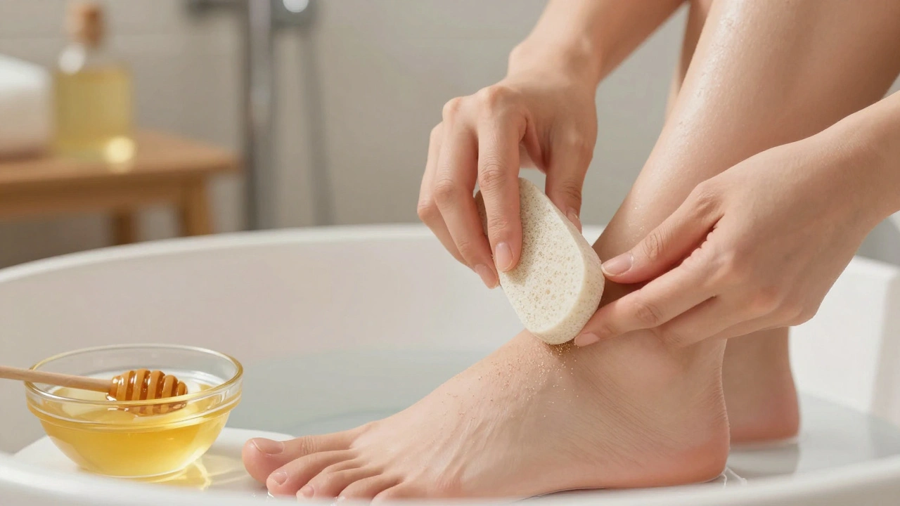 Žena jemně odstraňuje ztuhlou kůži z patek pilníkem.