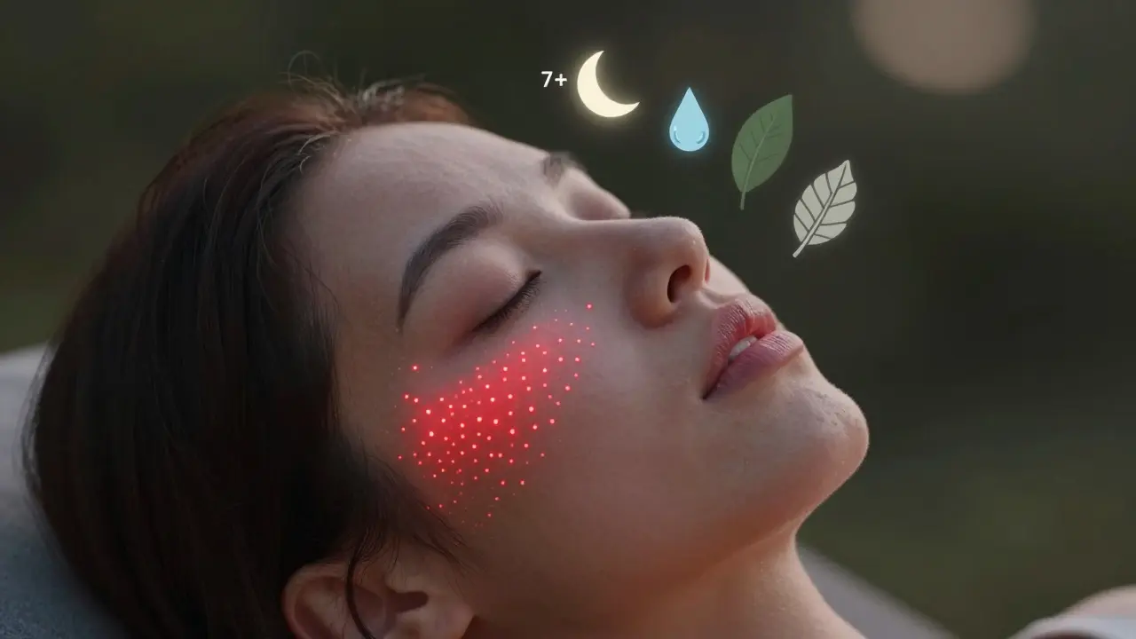 Žena pod červeným LED světlem s přirozenými prvky regenerace.