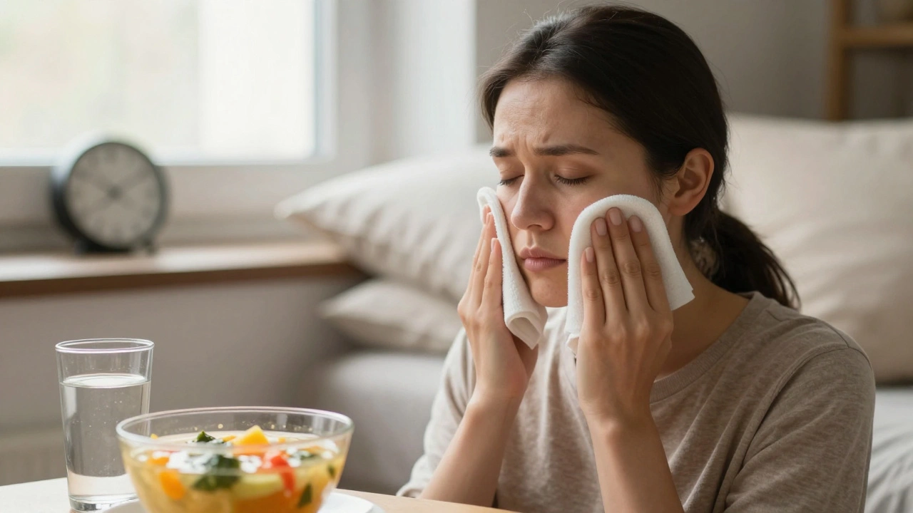 Žena si aplikuje chladný obklad na obličej, leží na dvou polštářích s sklenicí vody na nočním stolku.