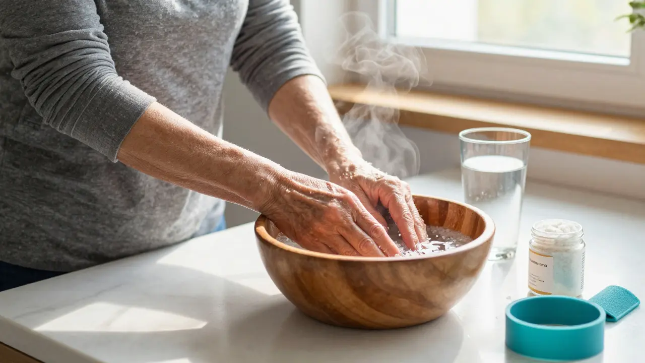 Žena si koupel rukou v teplé vodě, s kolagenem a gumičkou na stole, symbolizující domácí péči.